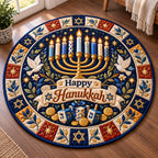 Hanukkah Festival Lights Round Mat Rug - Seasonal Design | Festive Home Decor - washable non-slip printed rug