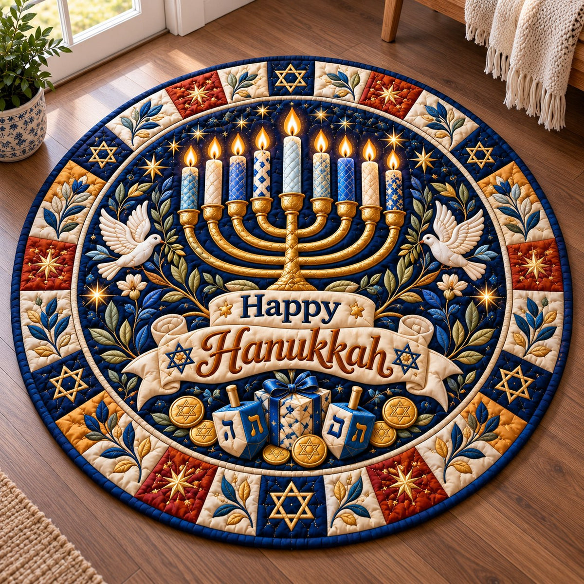 Hanukkah Festival Lights Round Mat Rug - Seasonal Design | Festive Home Decor - washable non-slip printed rug