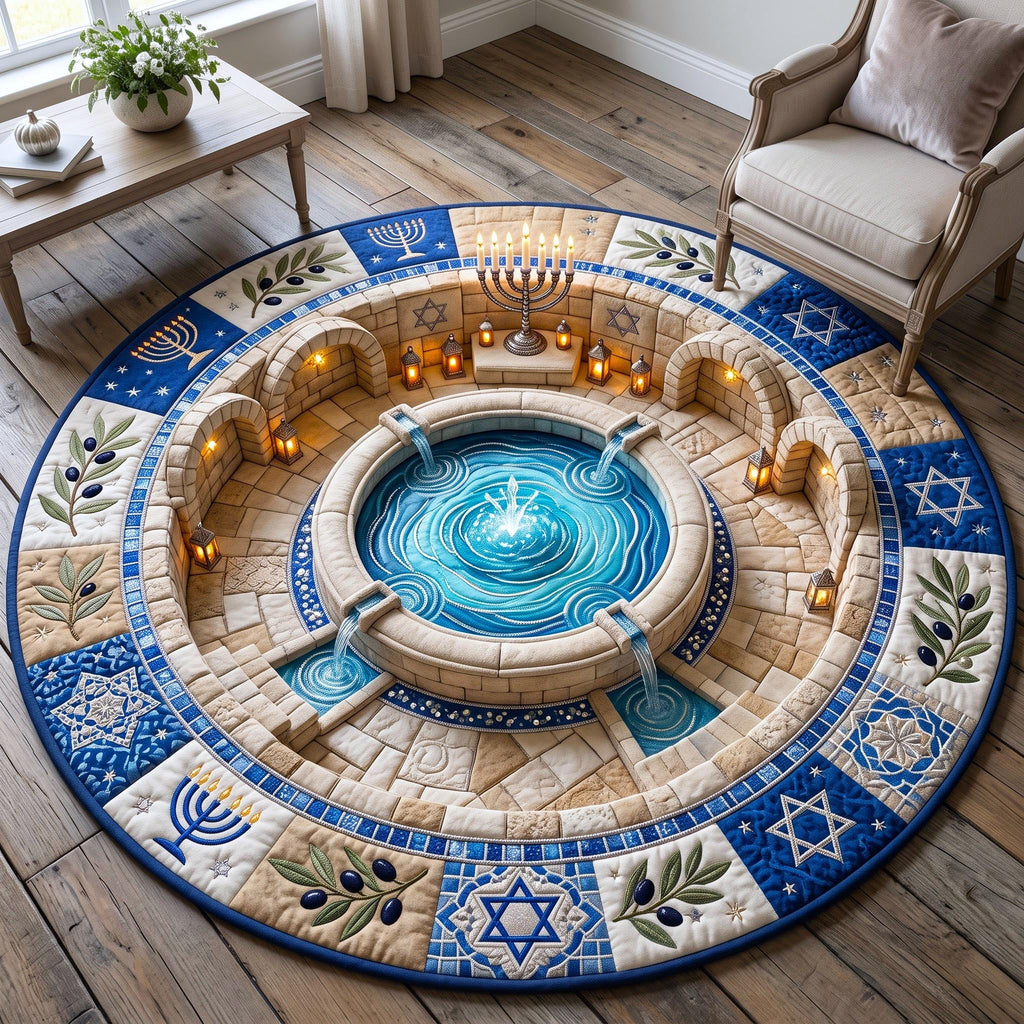 Hanukkah Fountain Round Mat Rug - Seasonal Design | Festive Home Decor - washable non-slip printed rug