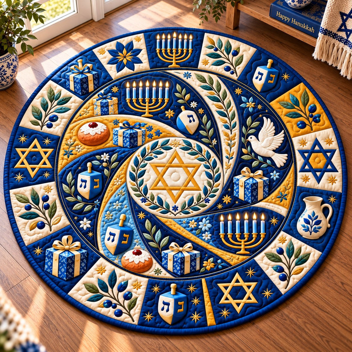 Hanukkah Joyful Nights Round Mat Rug - Seasonal Design | Festive Home Decor - washable non-slip printed rug