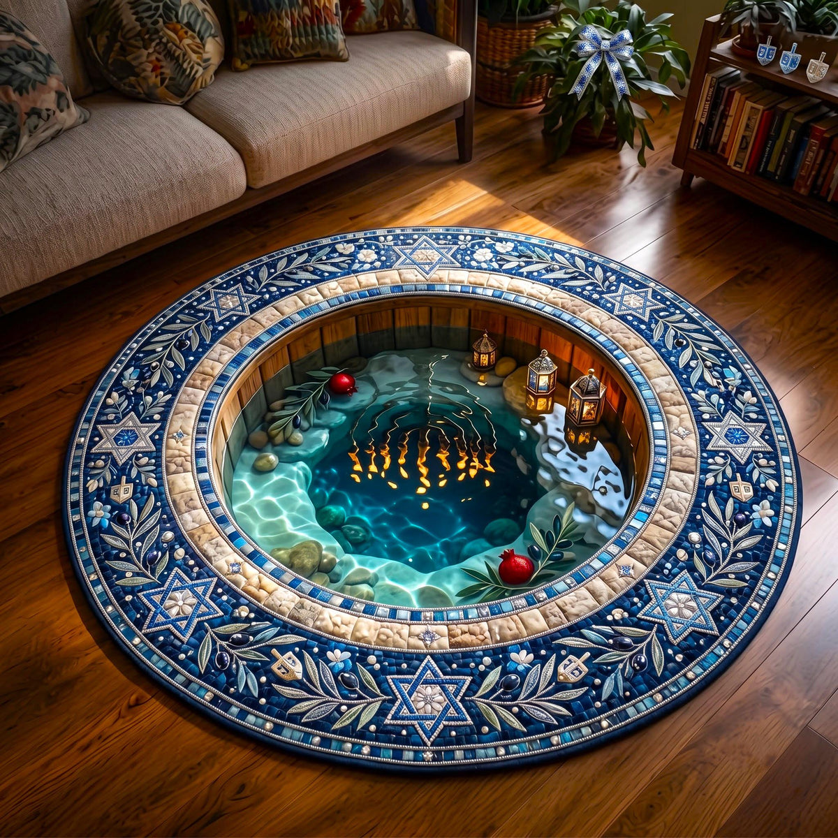 Hanukkah Lights Round Mat Rug - Seasonal Design | Festive Home Decor - washable non-slip printed rug