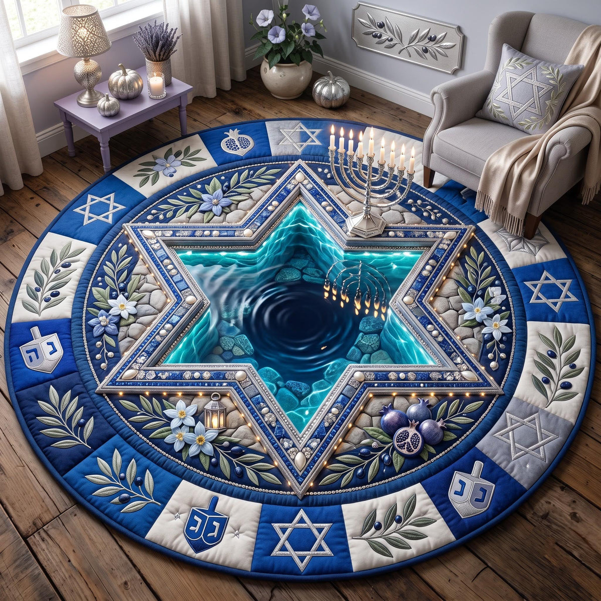 Hanukkah Star Round Mat Rug - Seasonal Design | Festive Home Decor - washable non-slip printed rug