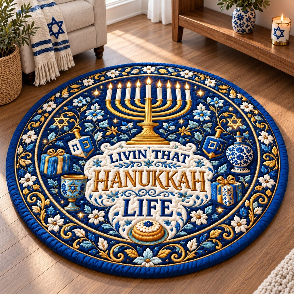 Hanukkah Winter Wishes Round Mat Rug - Seasonal Design | Festive Home Decor - washable non-slip printed rug