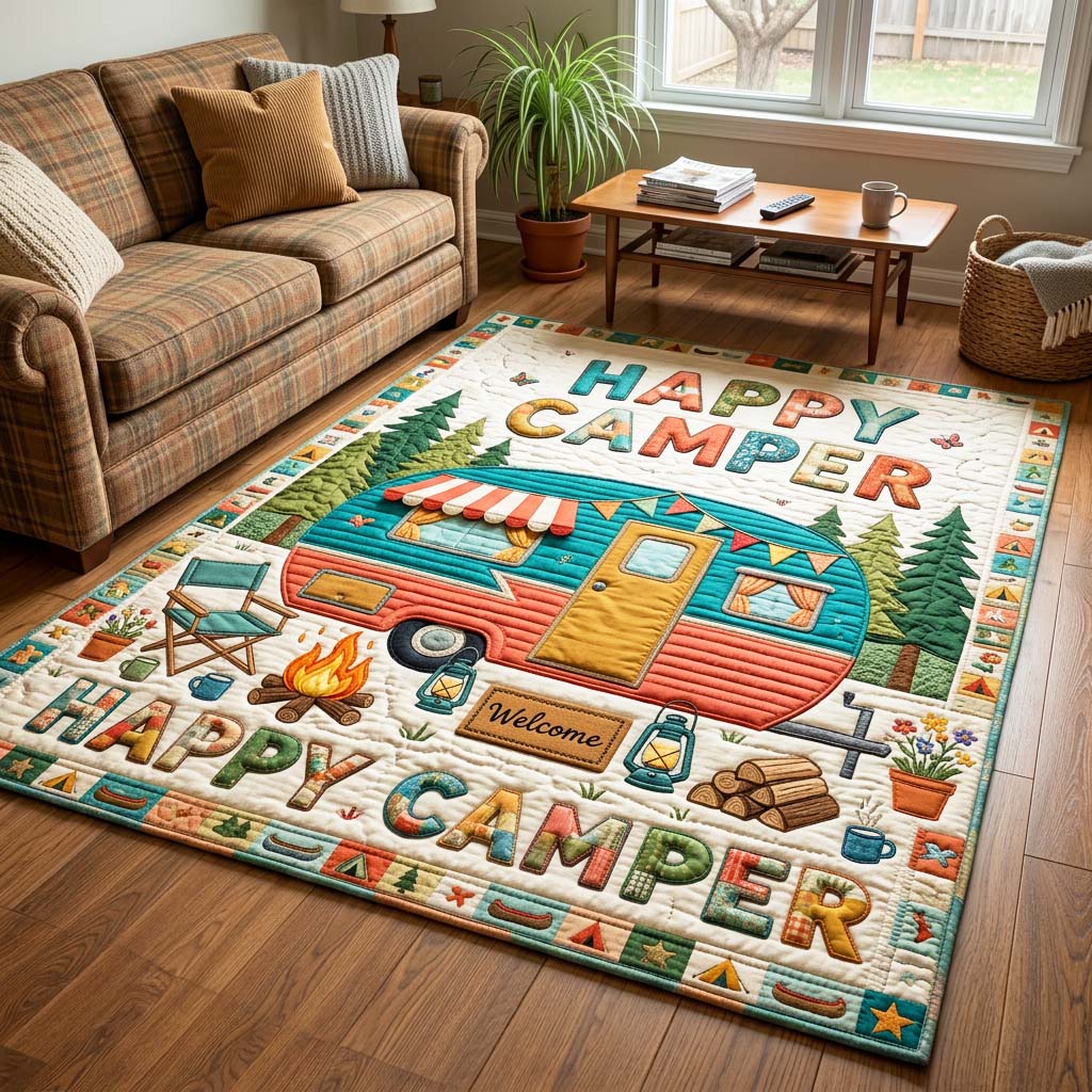 Happy Camper area rug in a living room