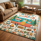 Happy Camper area rug in a living room