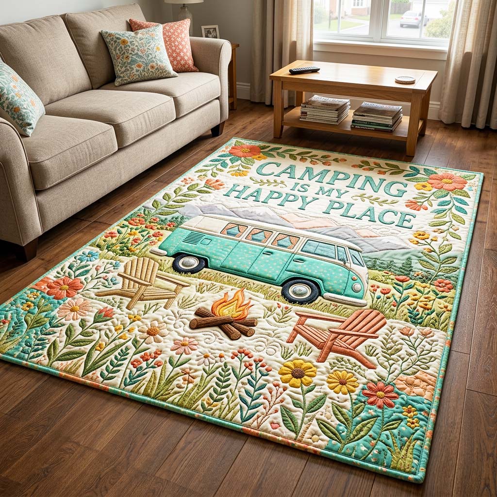 Happy Camping area rug in a living room