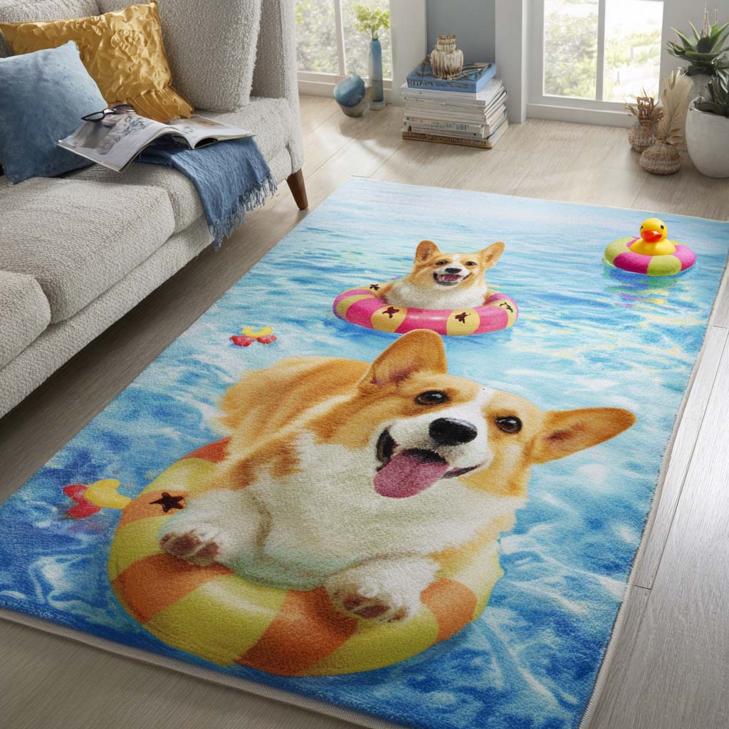 Happy Corgis area rug in a living room