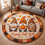 Happy Fall Gnomes Round Mat Rug - Nature Design | Serene Home Decor - washable non-slip printed rug