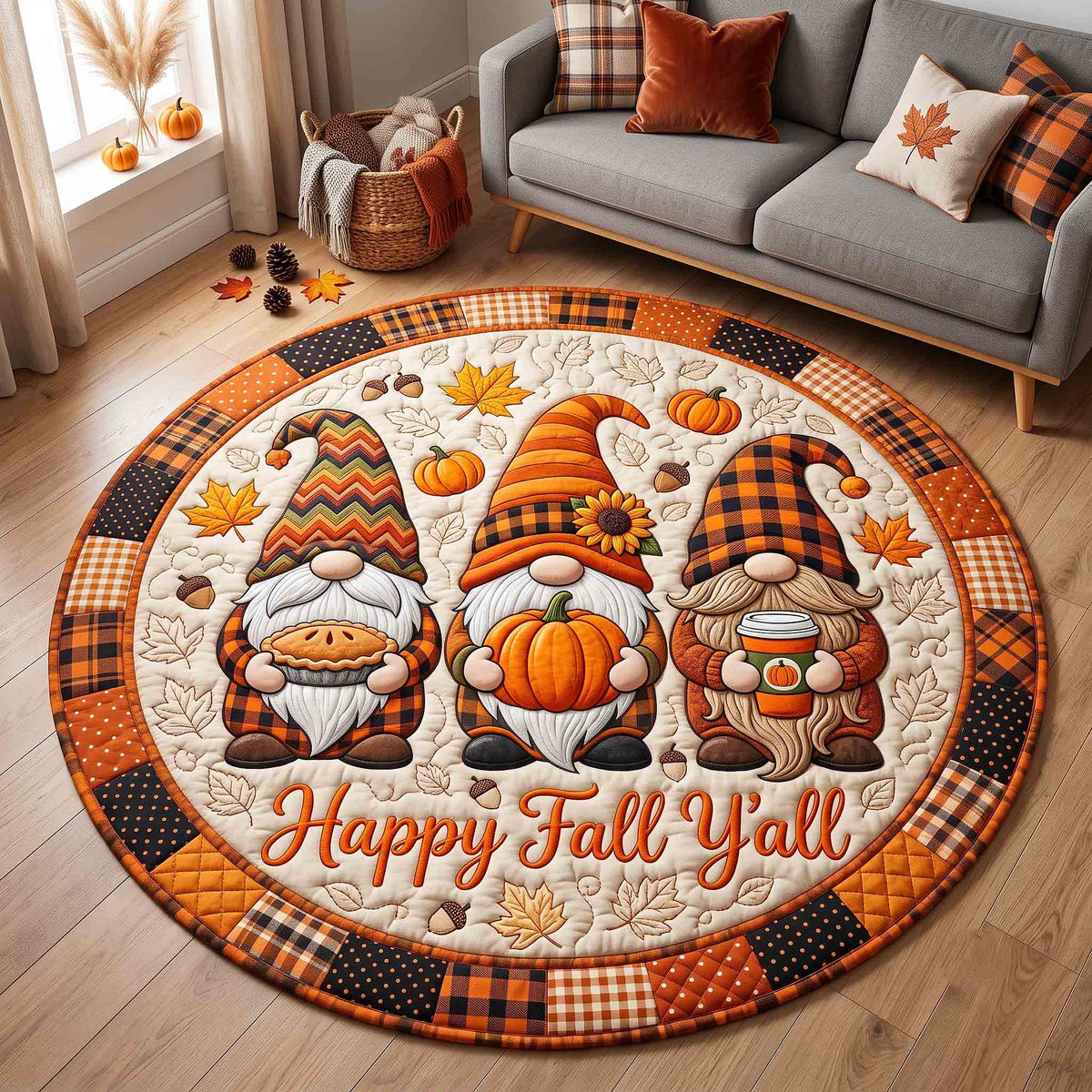 Happy Fall Gnomes Round Mat Rug - Nature Design | Serene Home Decor - washable non-slip printed rug