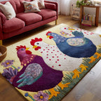Happy Hens area rug in a living room