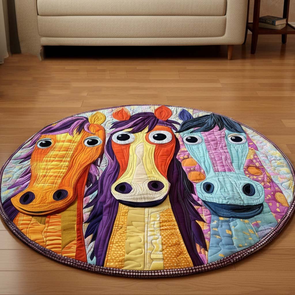 Happy Horse Gang Round Mat Rug - Cute Pet Design | Animal Printed Home Decor