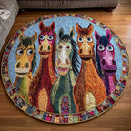 Happy Horses Round Mat Rug - washable non-slip printed rug