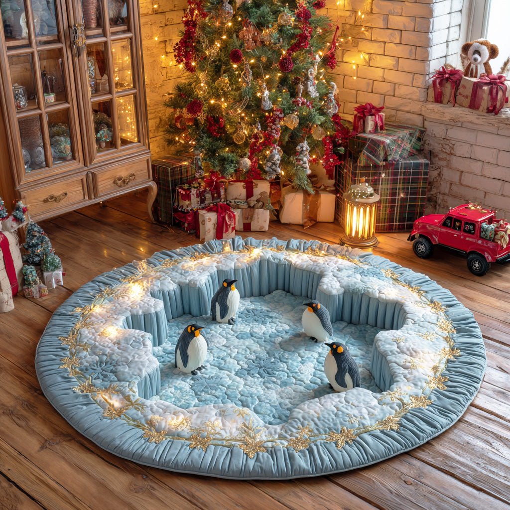 Happy Penguin Winter Round Mat Rug - washable non-slip printed rug
