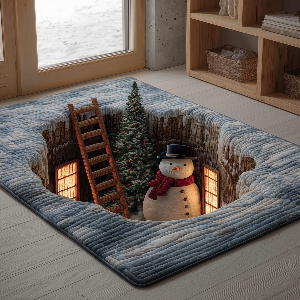 Happy Snowman area rug in a living room