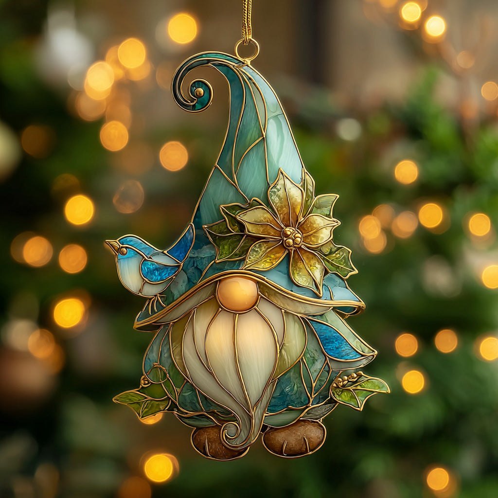 Teal Gnome Yellow Bloom Christmas Ornament