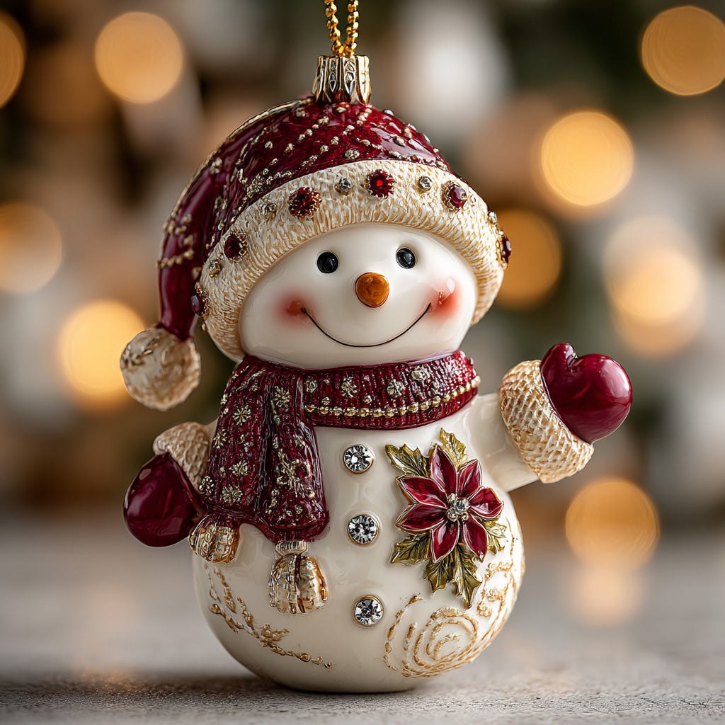 Maroon Hat Poinsettia Snowman Christmas Ornament