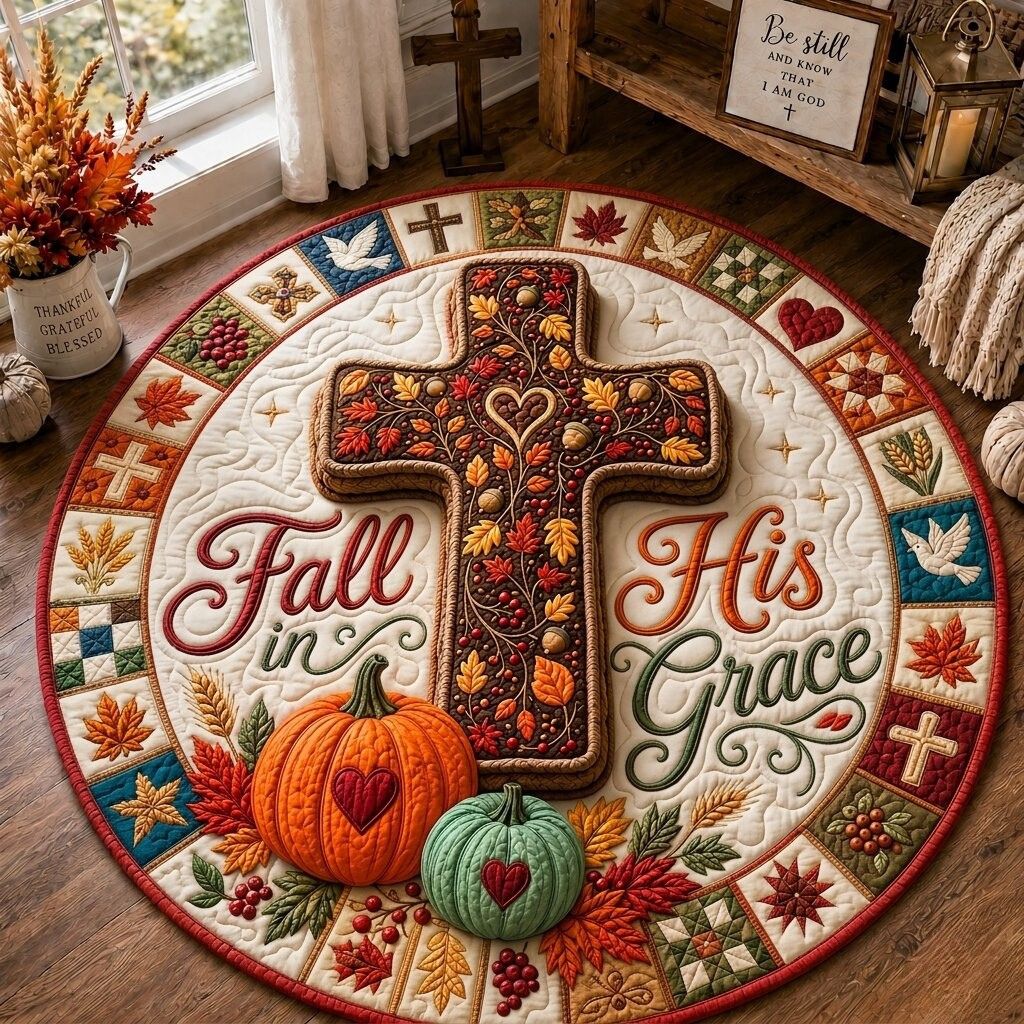 Harvest Faith Round Mat Rug - Nature Design | Serene Home Decor - washable non-slip printed rug