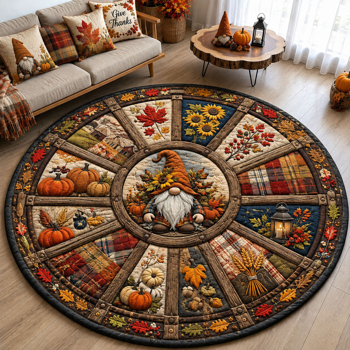 Harvest Gnome Wheel Round Mat Rug - Nature Design | Serene Home Decor - washable non-slip printed rug