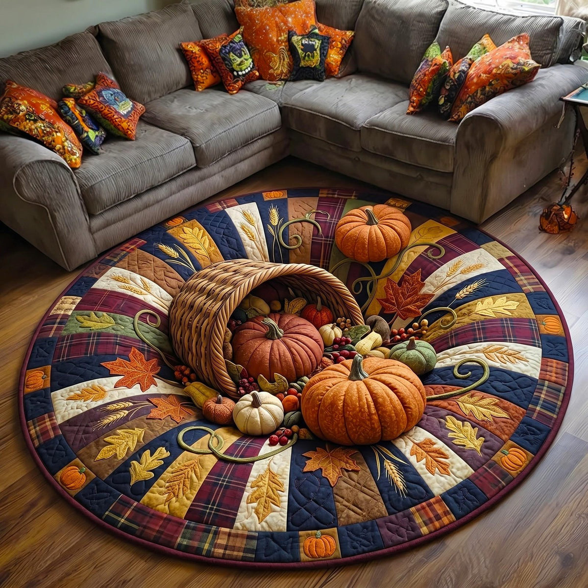 Harvest Hollow Round Mat Rug - washable non-slip printed rug