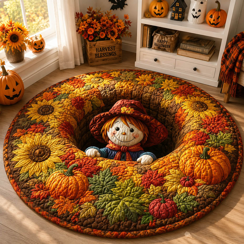Harvest Scarecrow Illusion Round Mat Rug - Nature Design | Serene Home Decor (Design 1) - washable non-slip printed rug