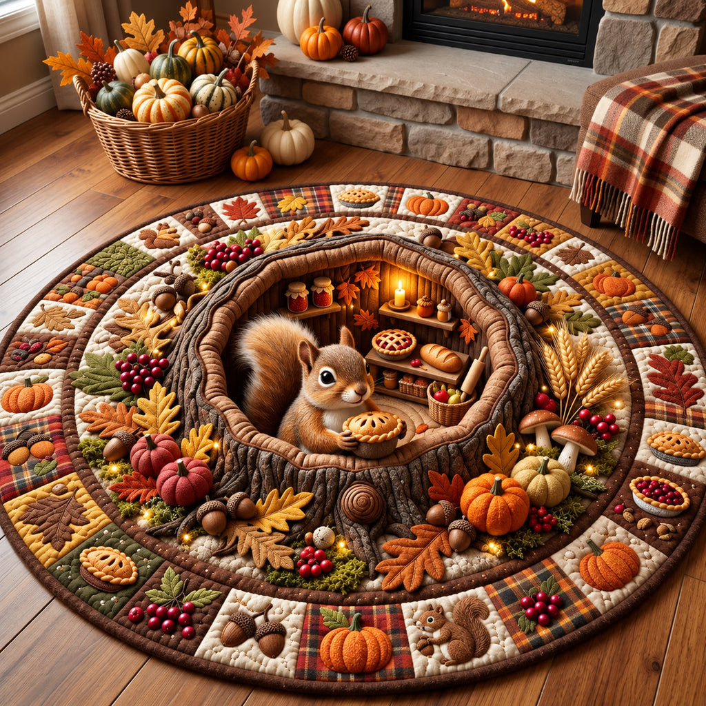 Harvest Squirrel Round Mat Rug - Nature Design | Serene Home Decor - washable non-slip printed rug