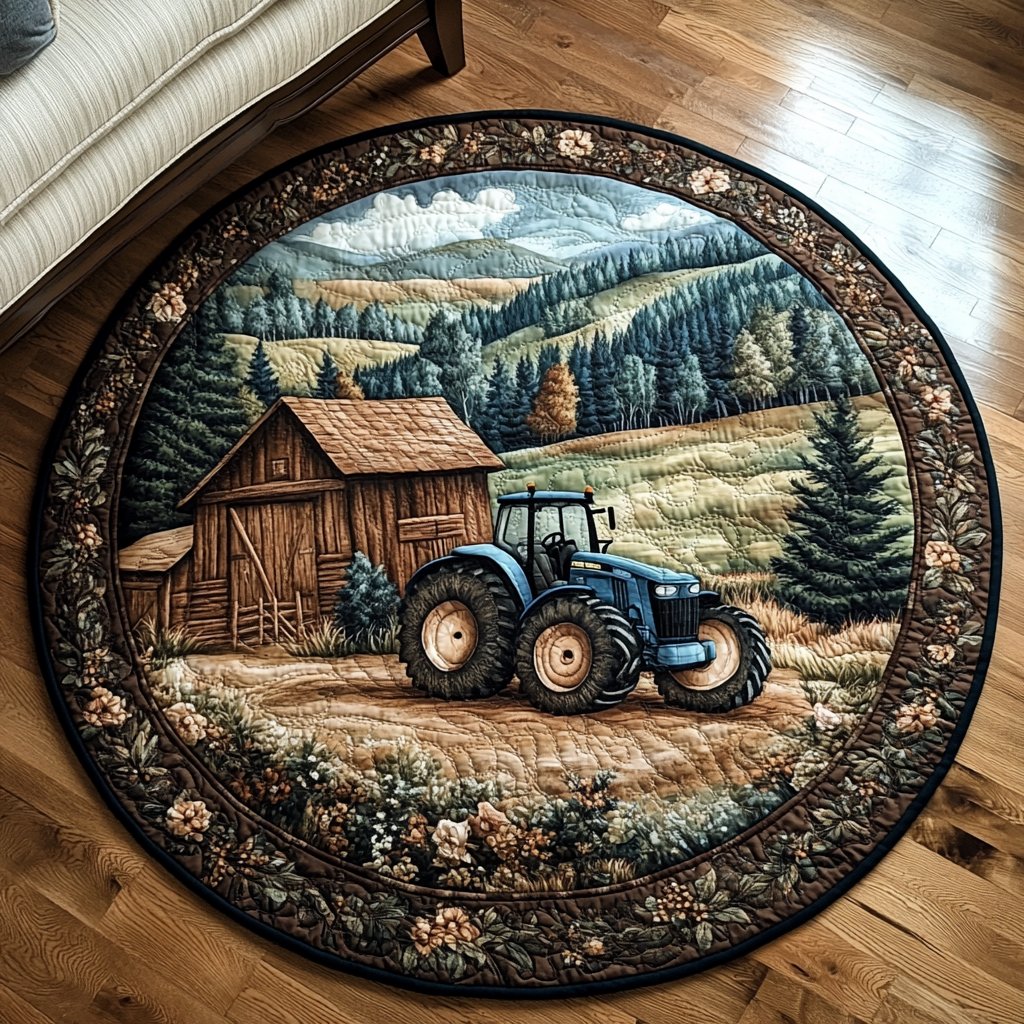 Harvest Tractor Round Mat Rug - washable non-slip printed rug