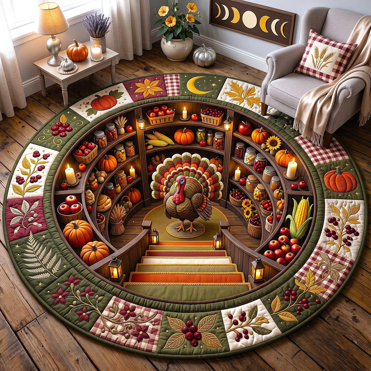 Harvest Turkey Round Mat Rug - Nature Design | Nature Round Rug - washable non-slip printed rug