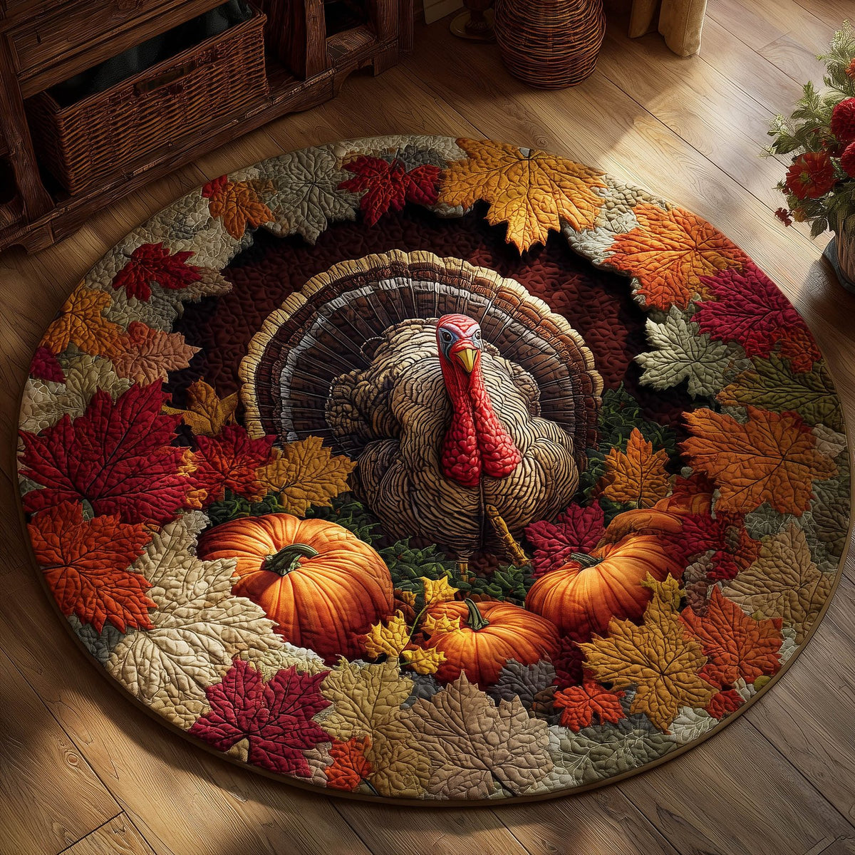 Harvest Turkey Round Mat Rug - washable non-slip printed rug