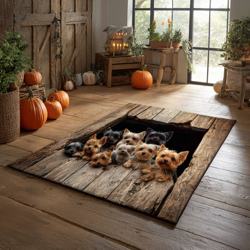 Harvest Yorkie area rug in a living room