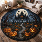Haunted Castle Pumpkin Patch Moonlit Quilted Round Mat  C2 Round Mat Rug - Seasonal Design | Festive Home Decor - washable non-slip printed rug