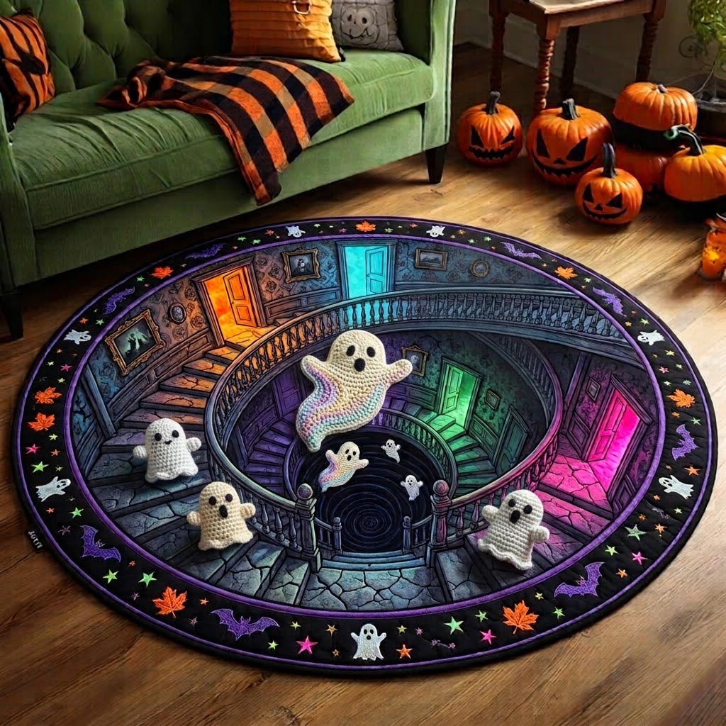 Haunted Ghost Round Mat Rug - Seasonal Design | Festive Home Decor - washable non-slip printed rug