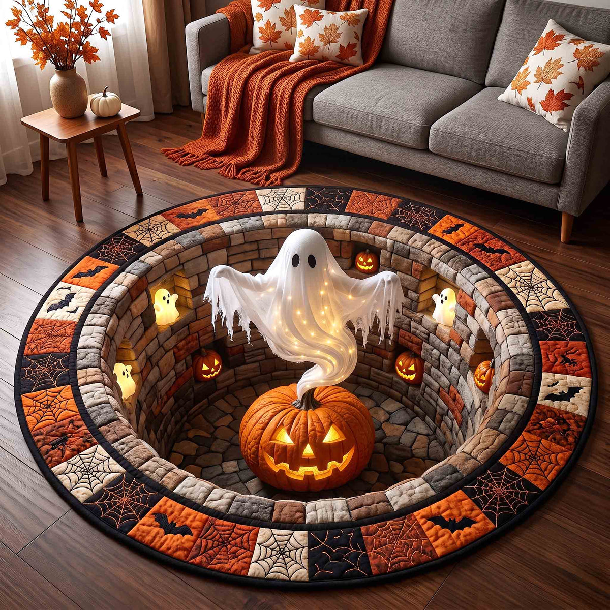 Haunted Ghost Round Mat Rug - Seasonal Design | Seasonal Round Living Room Rug - washable non-slip printed rug