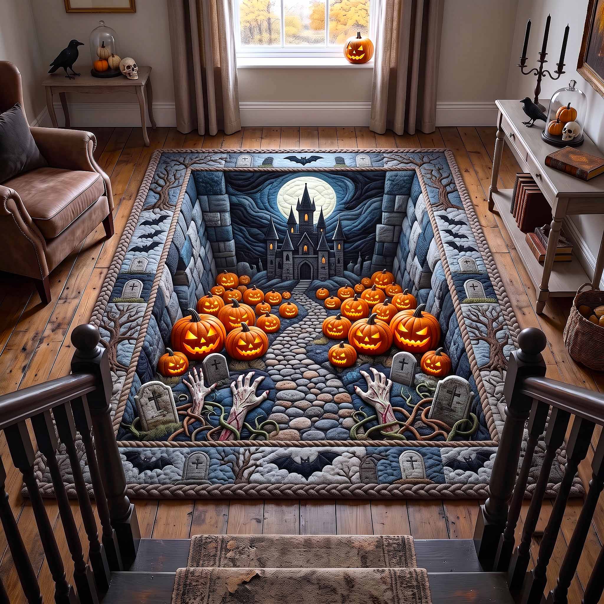 Haunted Graveyard area rug in a living room