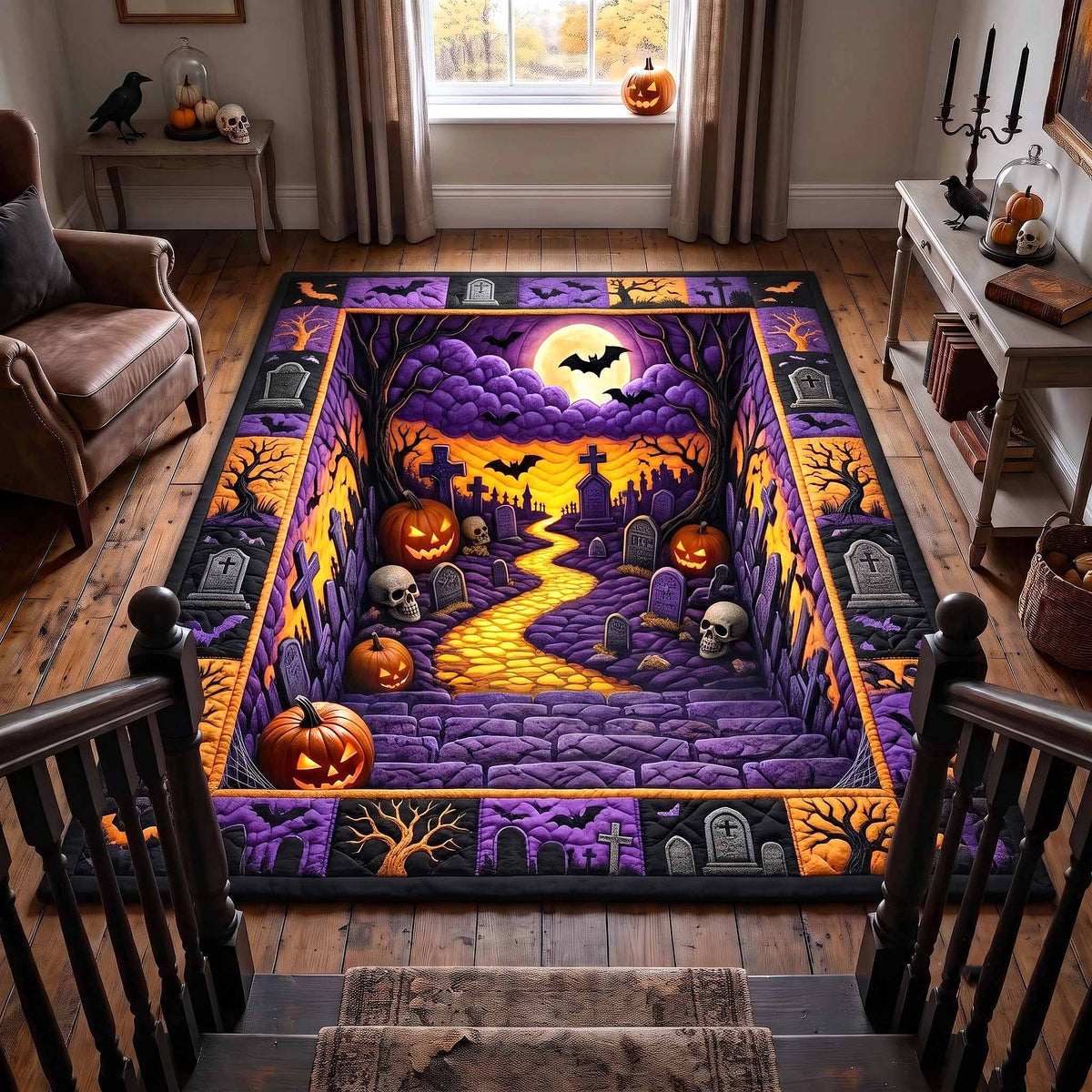 Haunted Graveyard area rug in a living room