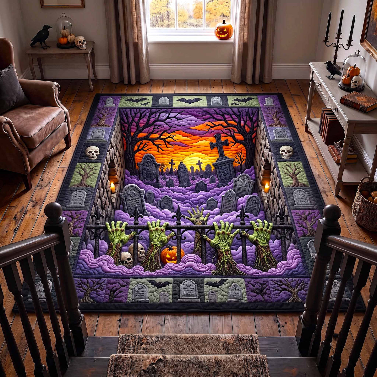 Haunted Graveyard area rug in a living room