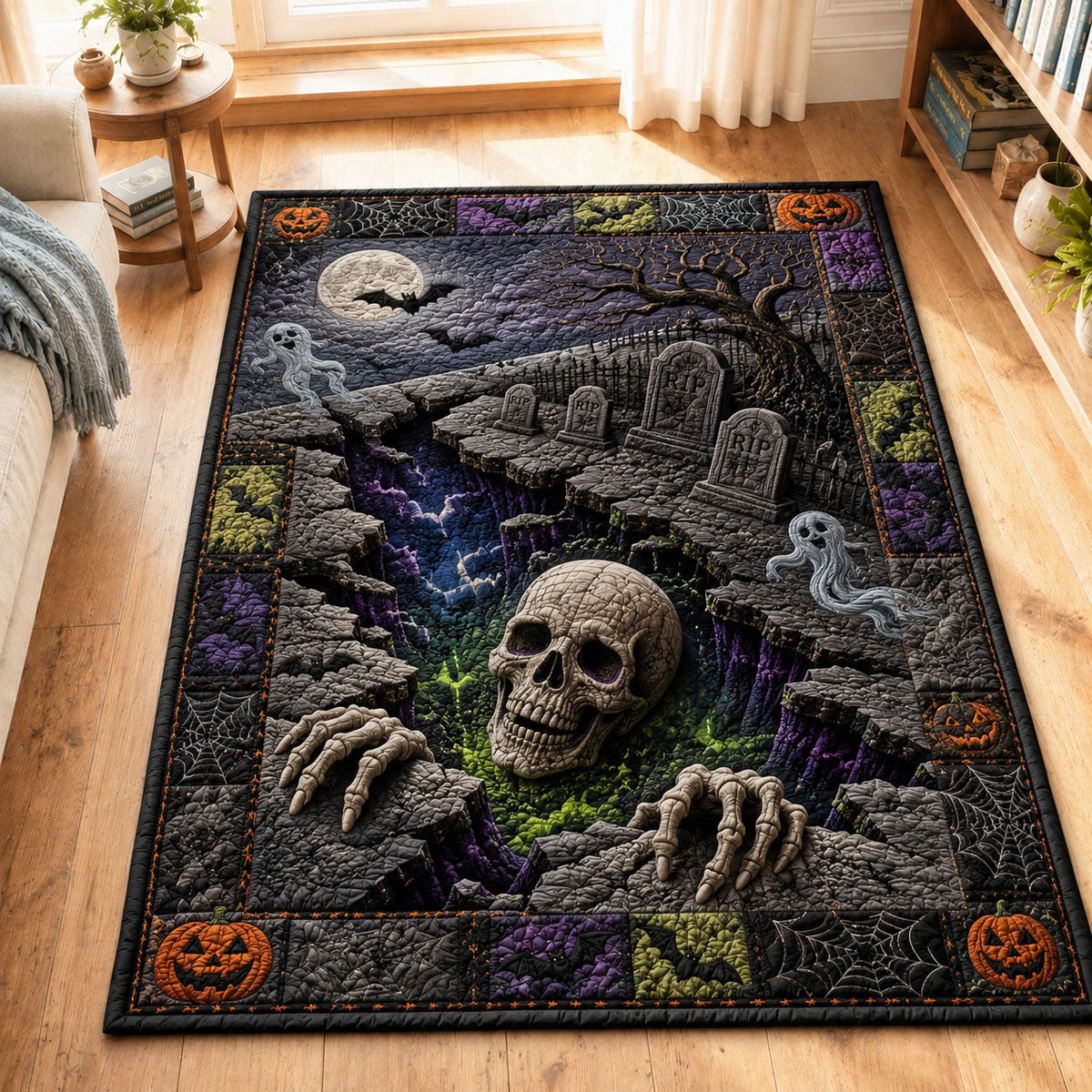 Haunted Graveyard Chasm Halloween area rug in a living room