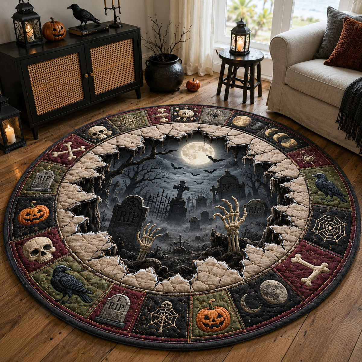 Haunted Graveyard Moonlight Round Mat Rug - washable non-slip printed rug