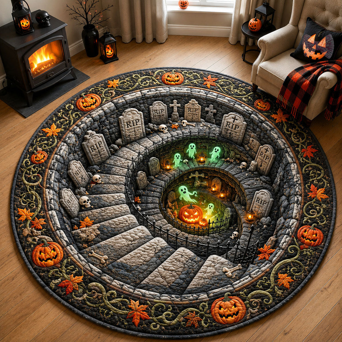 Haunted Graveyard Spiral Round Mat Rug - Nature Design | Serene Home Decor - washable non-slip printed rug