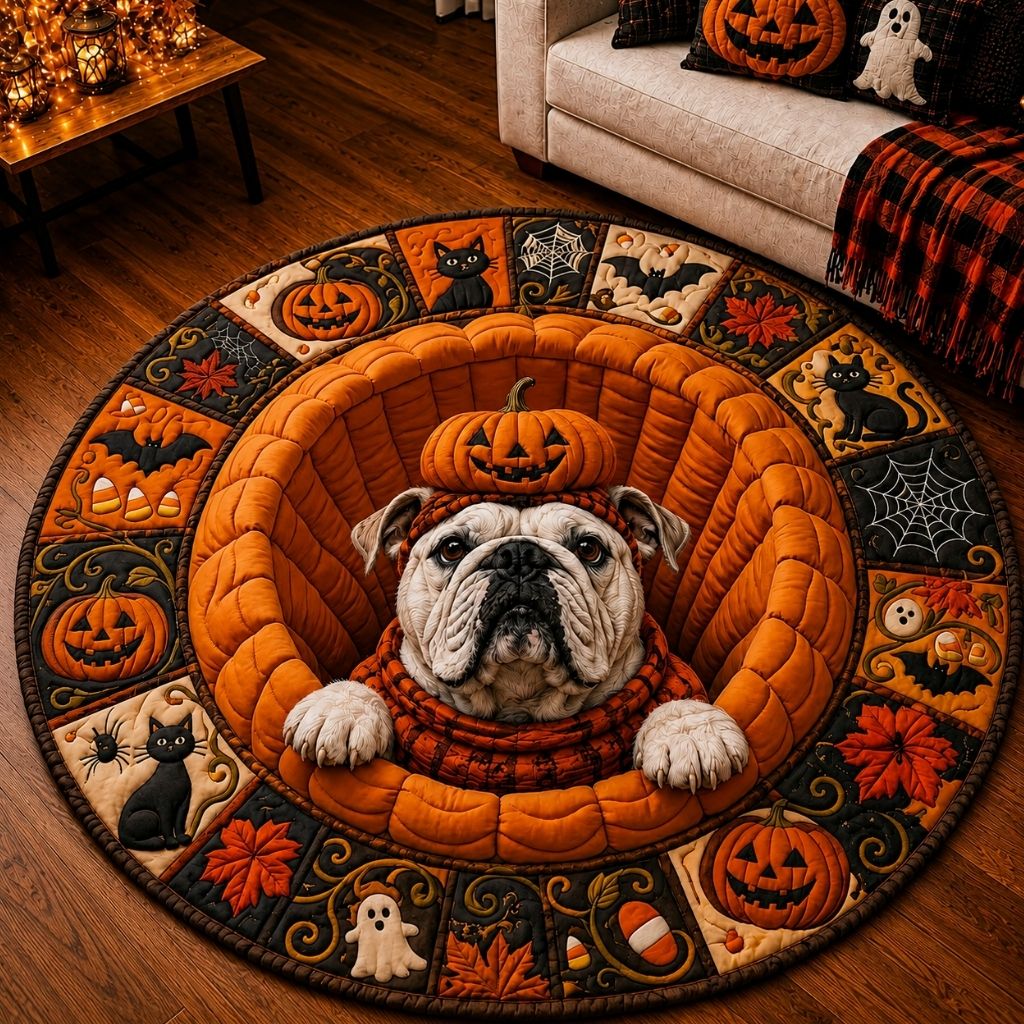 Haunted Halloween Bulldog Round Mat Rug - Seasonal Design | Festive Home Decor - washable non-slip printed rug
