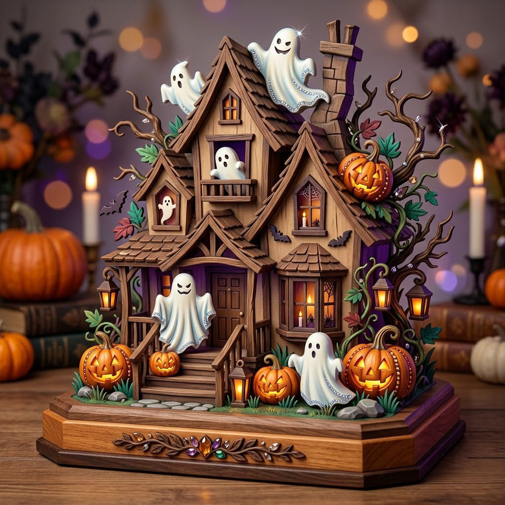 Haunted Halloween wooden block, laser-cut 3-layer wood