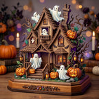 Haunted Halloween wooden block, laser-cut 3-layer wood
