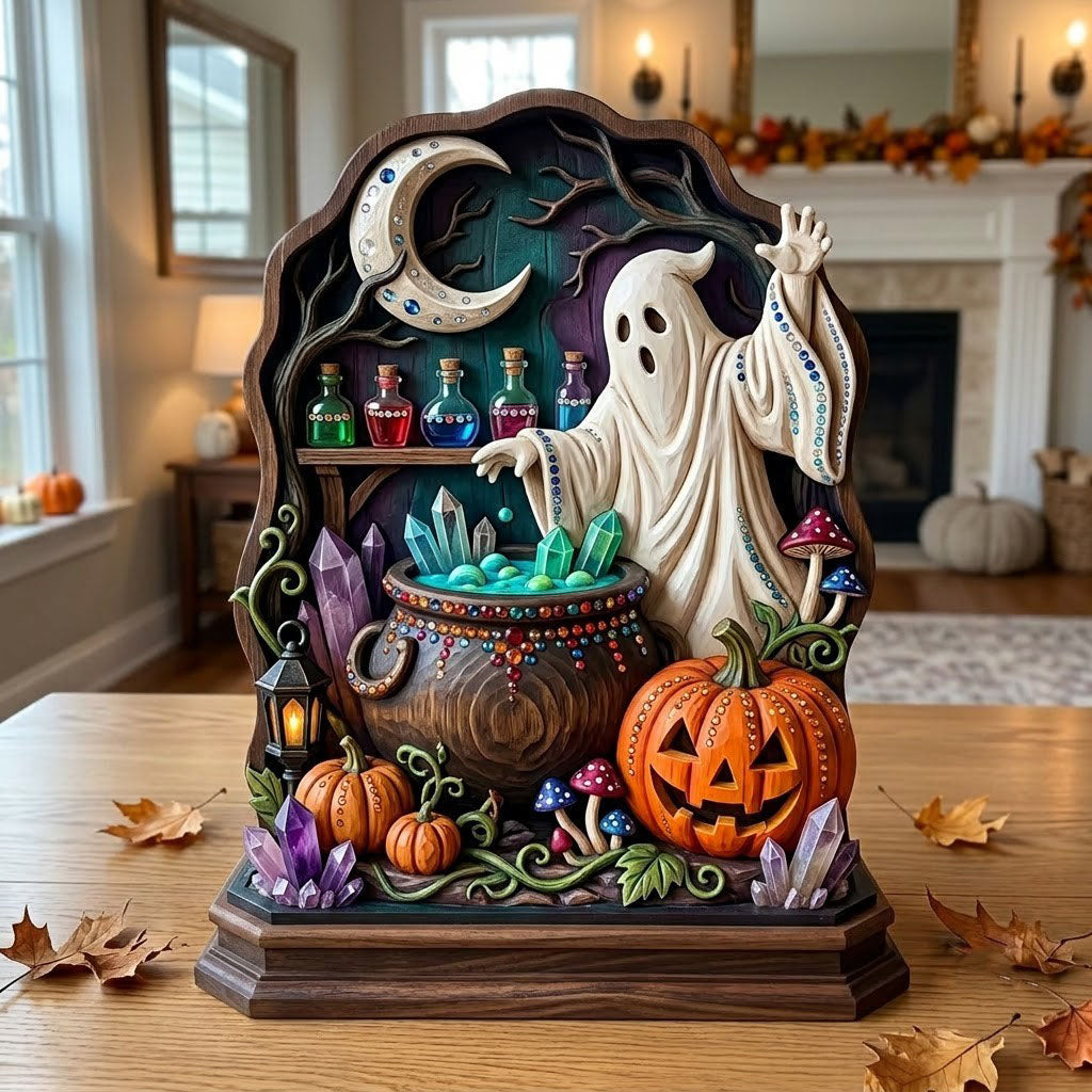 Haunted Halloween wooden block, laser-cut 3-layer wood