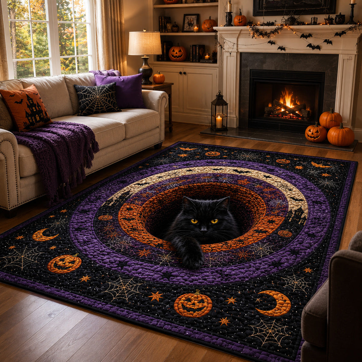 Haunted Hearth area rug in a living room
