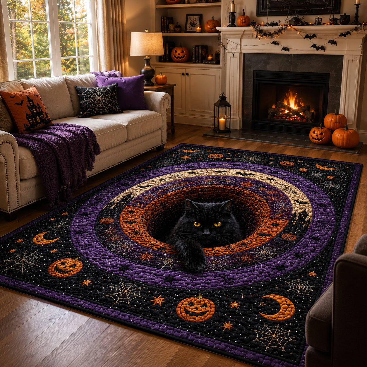 Haunted Hearth area rug in a living room
