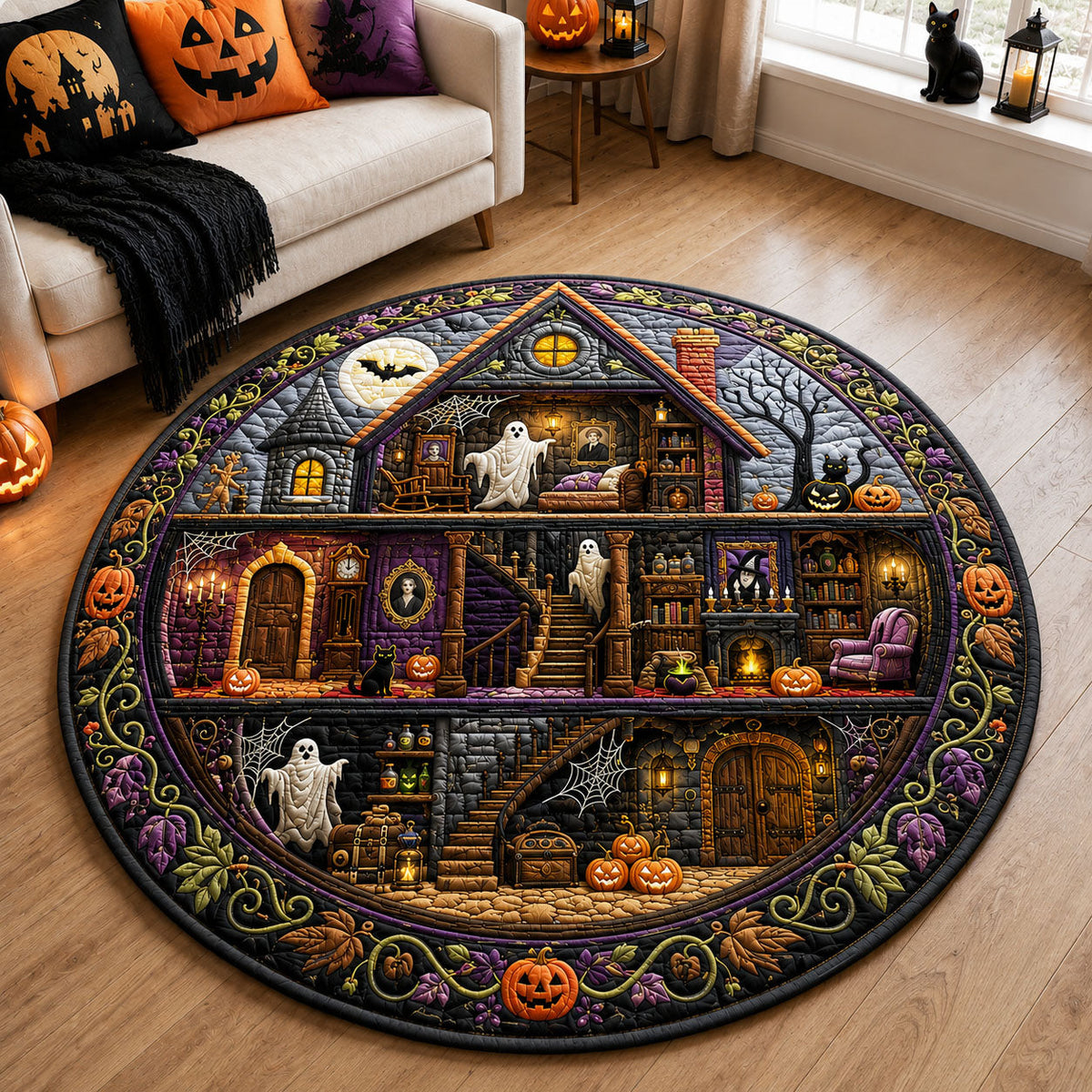 Haunted House Night Round Mat Rug - Nature Design | Serene Home Decor - washable non-slip printed rug