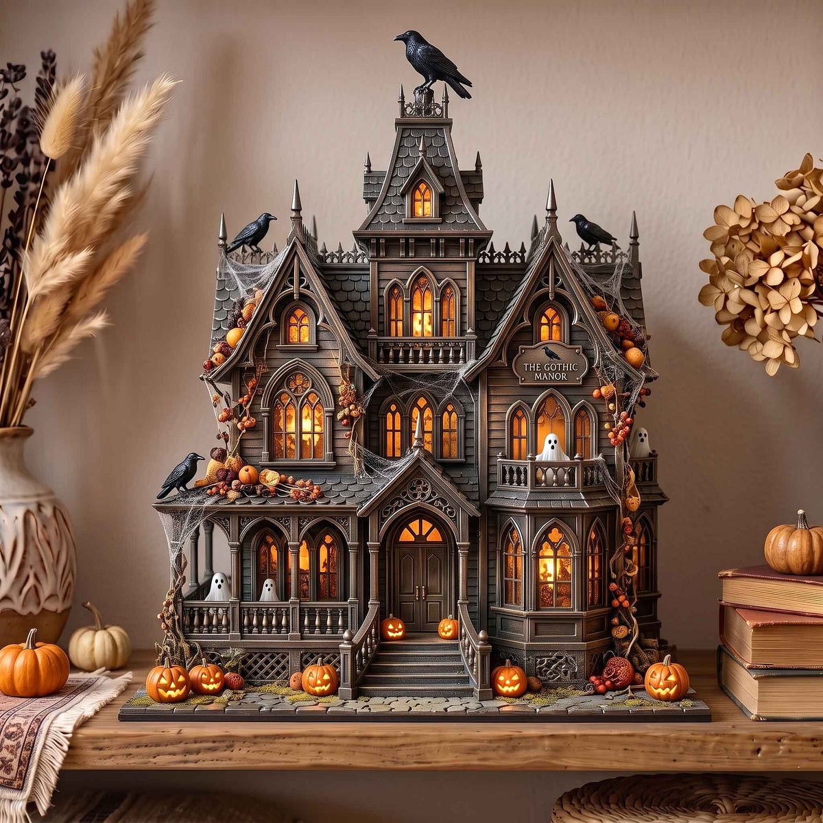 Haunted Manor Moonlit Raven wooden block, laser-cut 3-layer wood