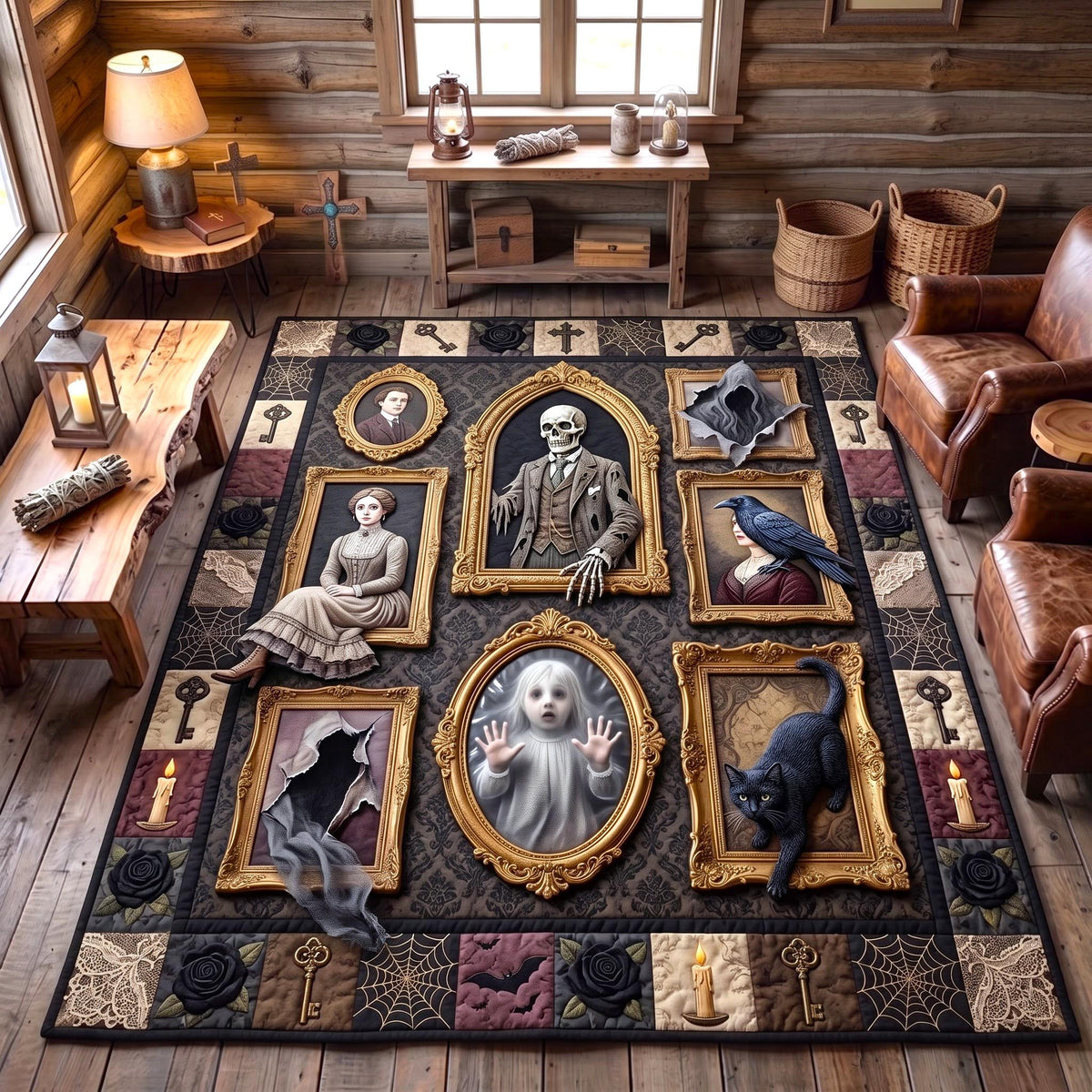 Haunted Portrait area rug in a living room