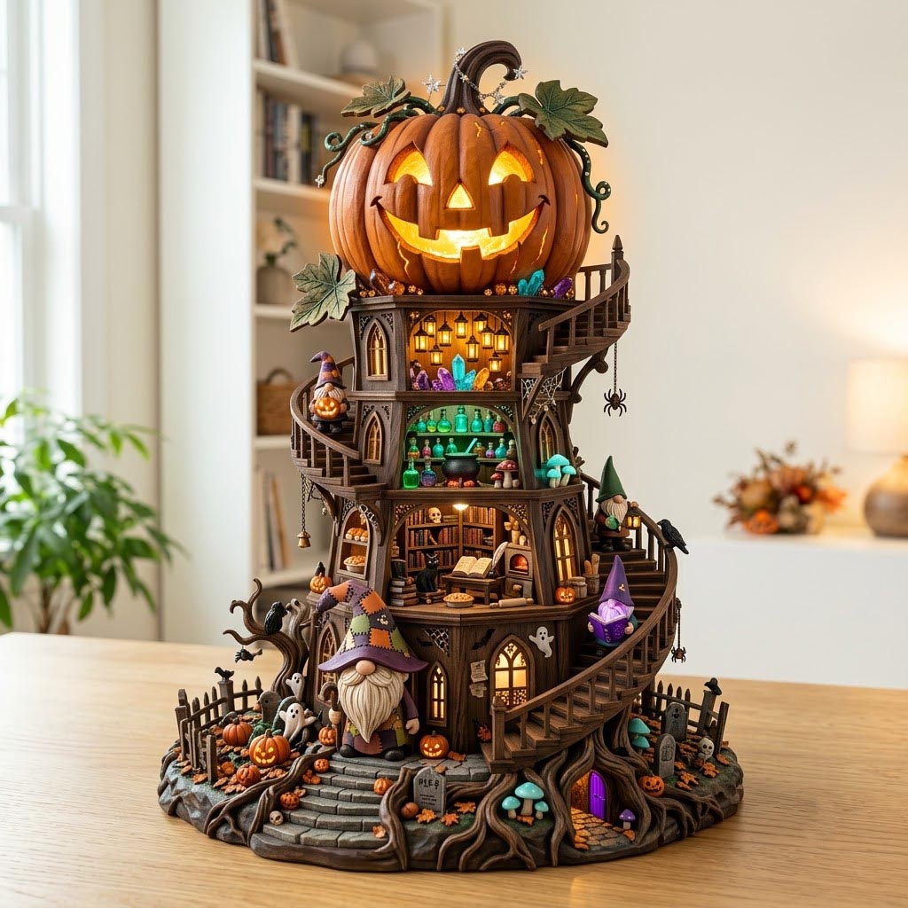 Haunted Pumpkin Gnome wooden block, laser-cut 3-layer wood