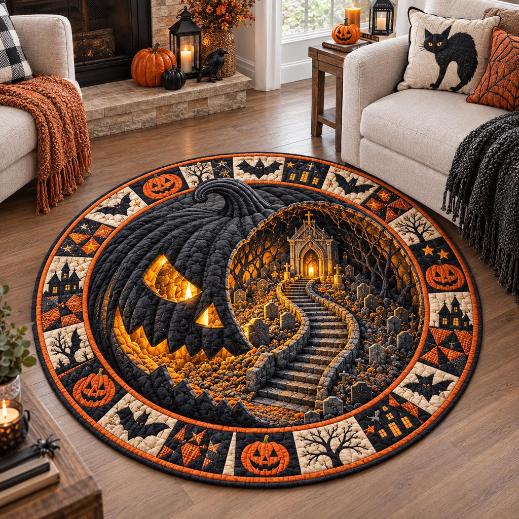 Haunted Pumpkin Graveyard Round Mat Rug - Seasonal Design | Festive Home Decor - washable non-slip printed rug