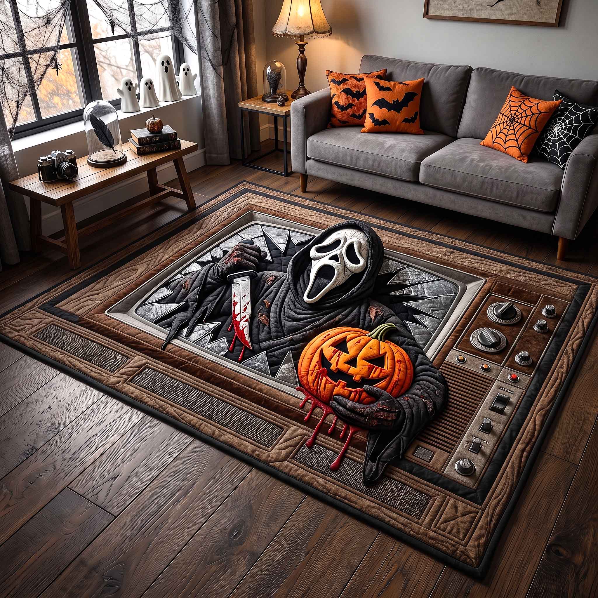 Haunted Screen area rug in a living room